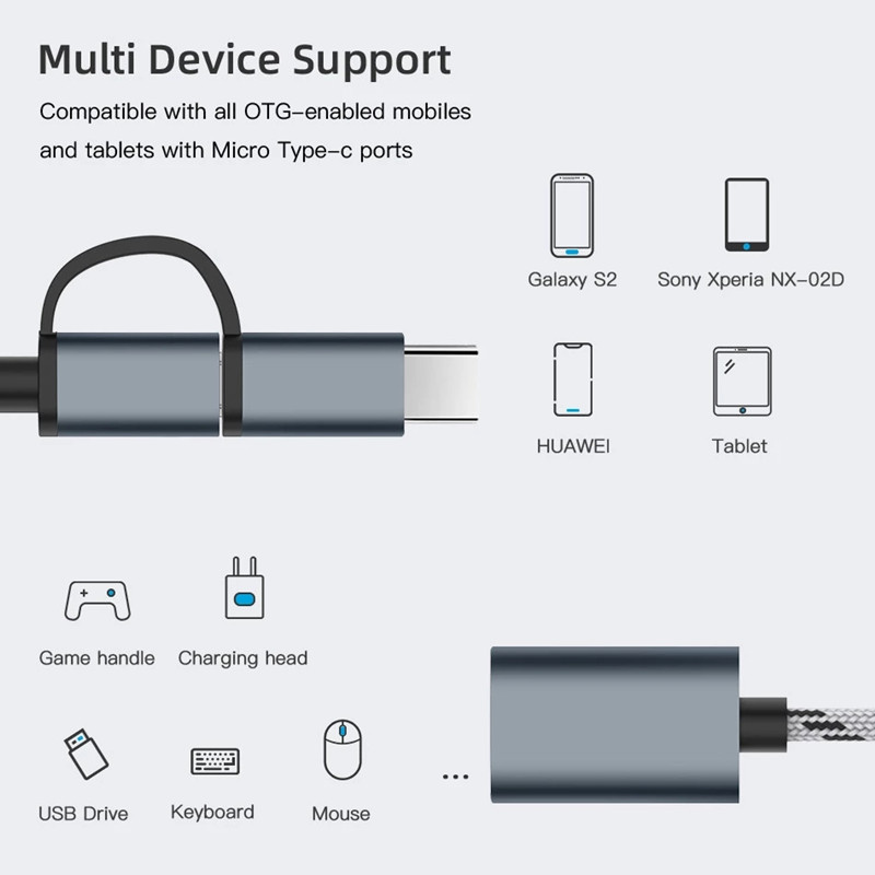 2 in 1 OTG Adapter Cable USB 3.0 to Micro USB Type C Data Sync Adapter for U Disk to Type-C Smartphone Nylon Braid