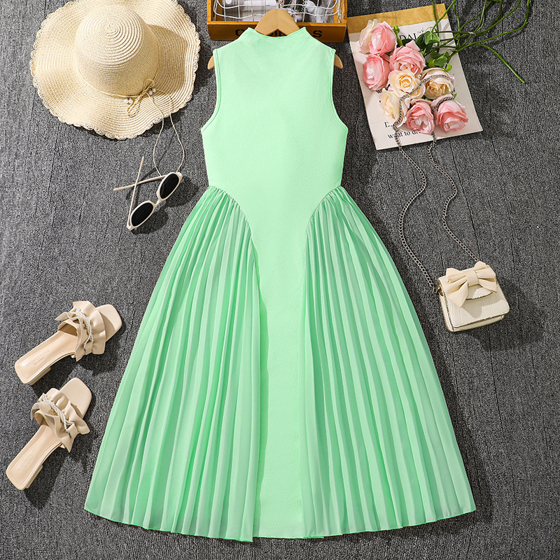 Summer New Teen Girls Dress Solid Color Patchwork Sleeveless A-Line Dress For 8-12 Years Girls Daily Casual Elegant Dance Dress