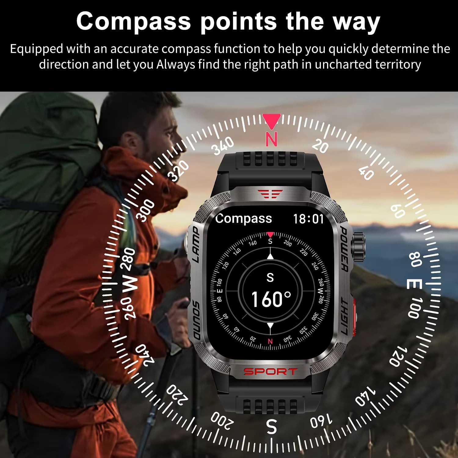 Smart Watch Men LED Flashlight Compass Altitude Air Pressure 100+ Sport Mode Fitness Tracker Outdoor Smartwatch
