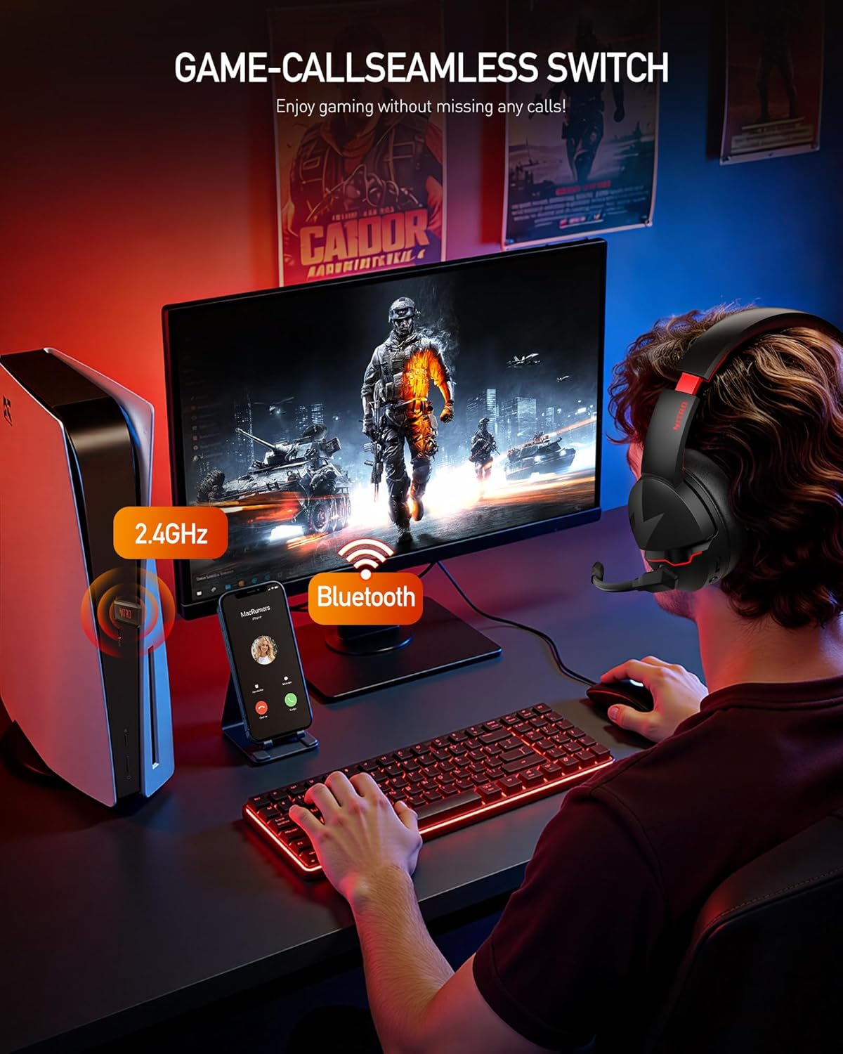 acer Wireless Gaming Headset, PS5 Headset with 2.4GHz for Ps5, Ps4, PC, Switch, Bluetooth 5.3 + 100Hrs Gaming Headphones with Noise Canceling Mic for