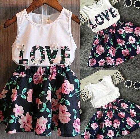 Girls' love letter flower sleeveless vest + floral short skirt 2 pics sets