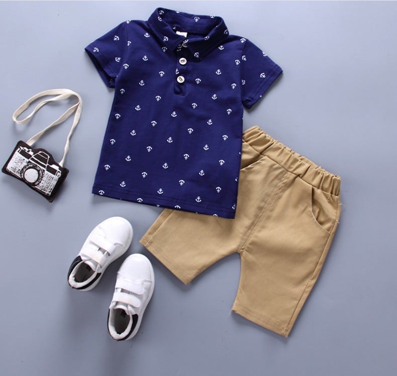 Ones boys summer new casual short sleeved t-shirt short pant clothing set baby kids polo shirt cotton suit