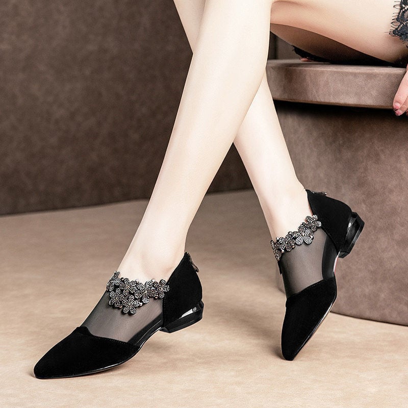 New Summer Fashion Black Lace Rhinestone Sandals Flower Heel Sandals Mesh Plus Size