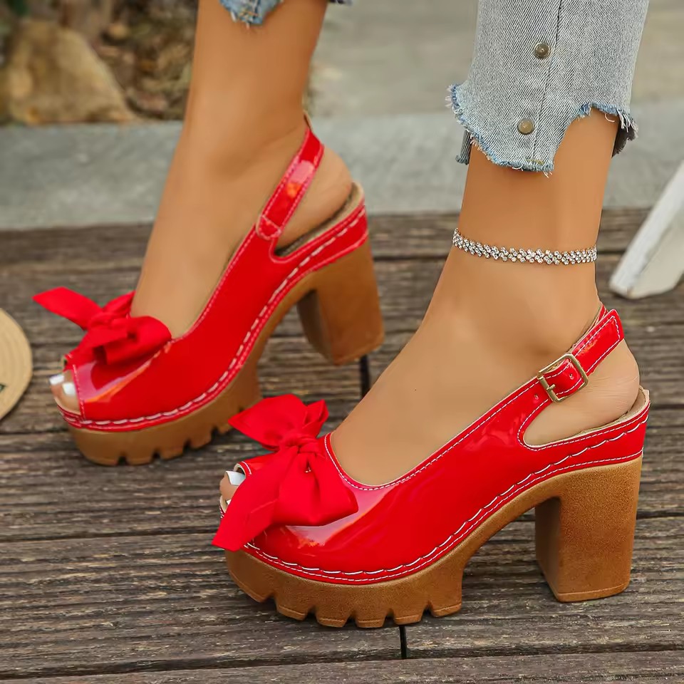 2026 Summer New Style Women's Round Toe Square Heel Casual Sandals Fashion/sexy Bow Decorated Solid Color High Heel Sandals