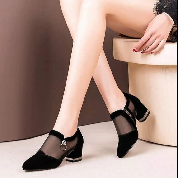 Fashion Women Shoes Sexy Black Hollow Mesh Pointed Heels Elegant Flower Shaped Rhinestone Ornament Footwear