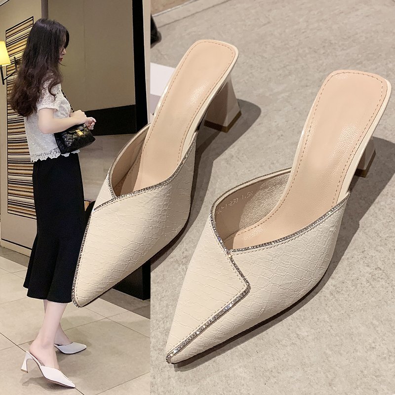 Baotou Rhinestone Half Slippers Women's Outwear Fashion 2023 New Summer High Heel Muller Sandals Ins Fashion