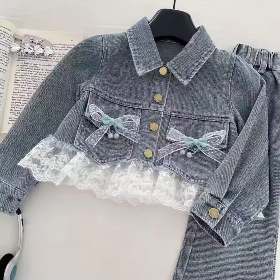 Girls' Denim Suit Autumn New Korean Version Girls' Denim Top+lace Pants Cute Denim Two-piece Set 100-150CMCM