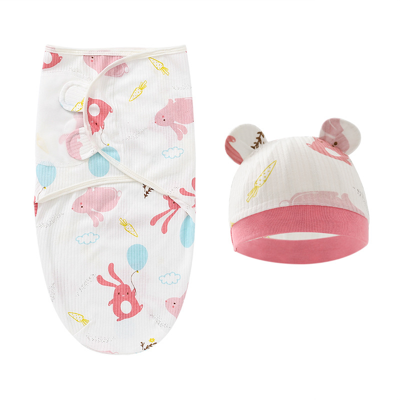 2PCS Cotton Newborn Sleepsack Baby Swaddle Blanket Wrap Hat Set Infant Adjustable New Born Sleeping Bag Muslin Blankets 0-6M