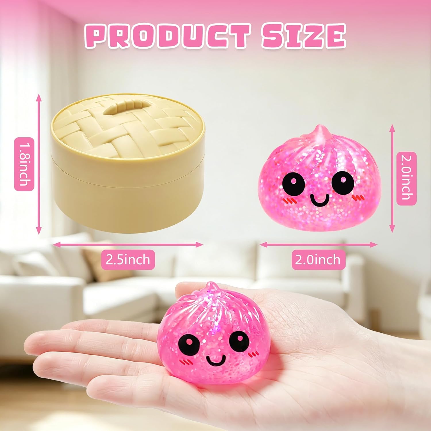 2 2.0" Sugar Mini Glitter Dumpling Squishy Surprise Box – Cute Bao Bun Squishy Set with Steamer, Glittery Slow Rise Stress Relief Toys, Mystery Sensor