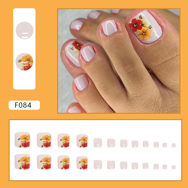 White French Nude Pink Short Fake Toenails Shiny Rhinestone Summer Flower Toe False Nails Detachable Press on Toenails with Glue