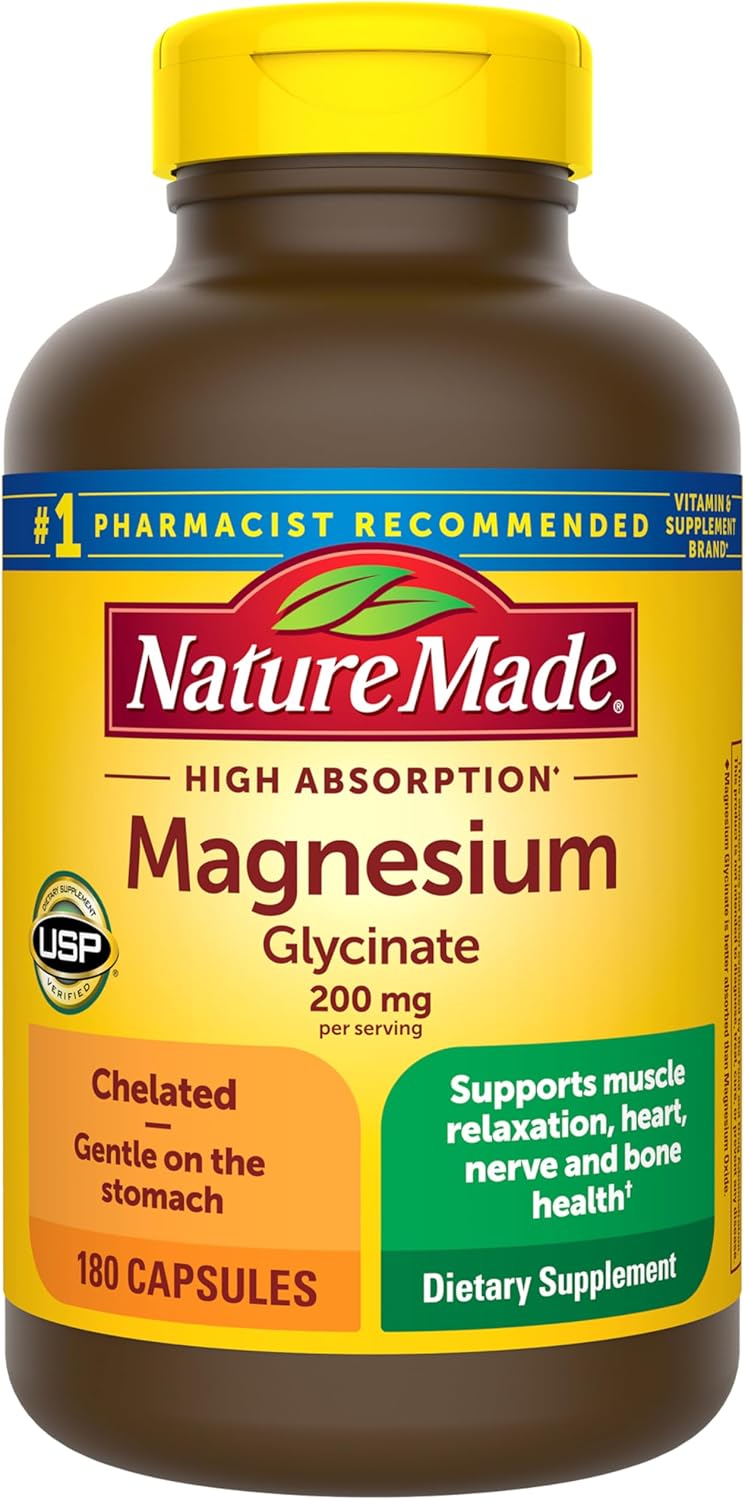 Nature Made Magnesium Glycinate 200 mg per serving, Magnesium Supplement for Muscle, Heart, Nerve and Bone Support, 180 Magnesium Bisglycinate Capsule