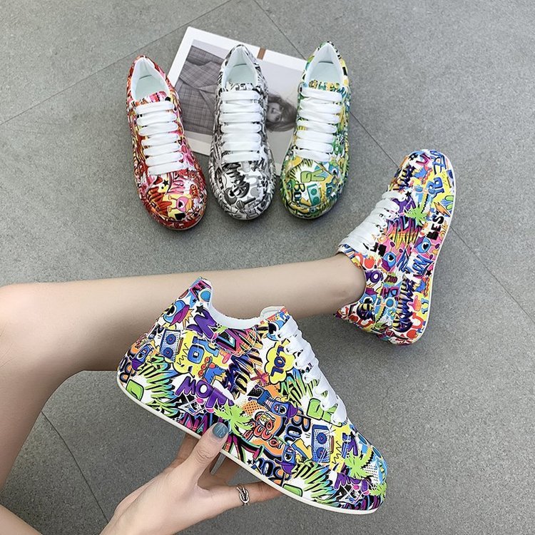 Women's Graffiti Print Sports Shoes Fashion LaceUp Low Top Platform Sneakers Casua Skate Shoes