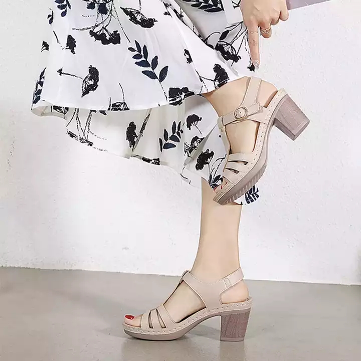 Women's T-strap Chunky Heel Sandals Solid Color Buckle Strap Open Toe Heels Casual Non-slip Outdoor Shoes