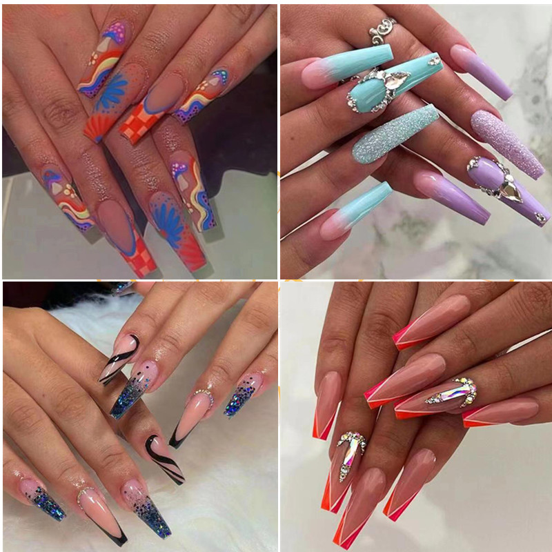24Pcs/Box French Long Ballet False Nails With Rhinestone Design Full Cover Press On Nail Tips Fake Nails