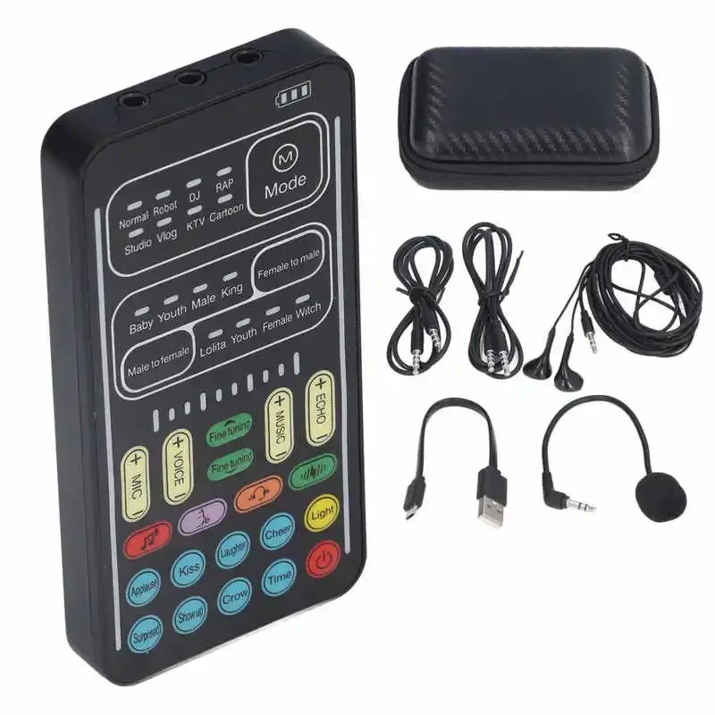 i9 Recording Mini Sound Card Voice Changer Set Colorful LED Lights for Live Streaming Multiple Audio Effect Soundcard Mic Tool