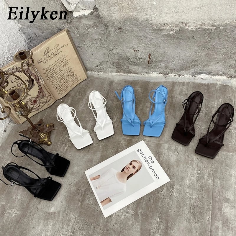 Eilyken New Fashion Pinch Narrow Band Women Sandals 2023 Summer Square Open Toe Ankle Buckle Strap High Heels Ladies Shoes