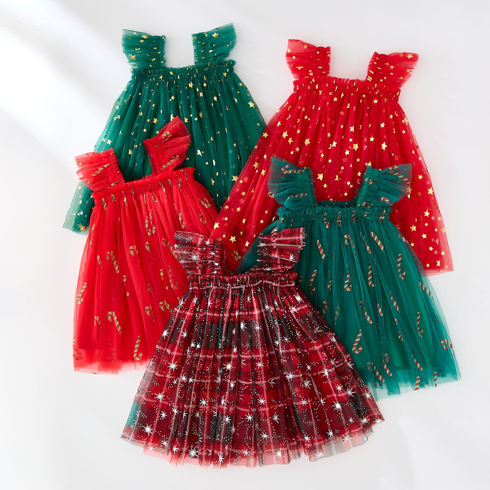 Baby Girl Kids Christmas Clothes Princess Tulle Dress Candy Cane/Plaid Print Sleeveles Square Neck Mesh Toddler Party Xmas Dress