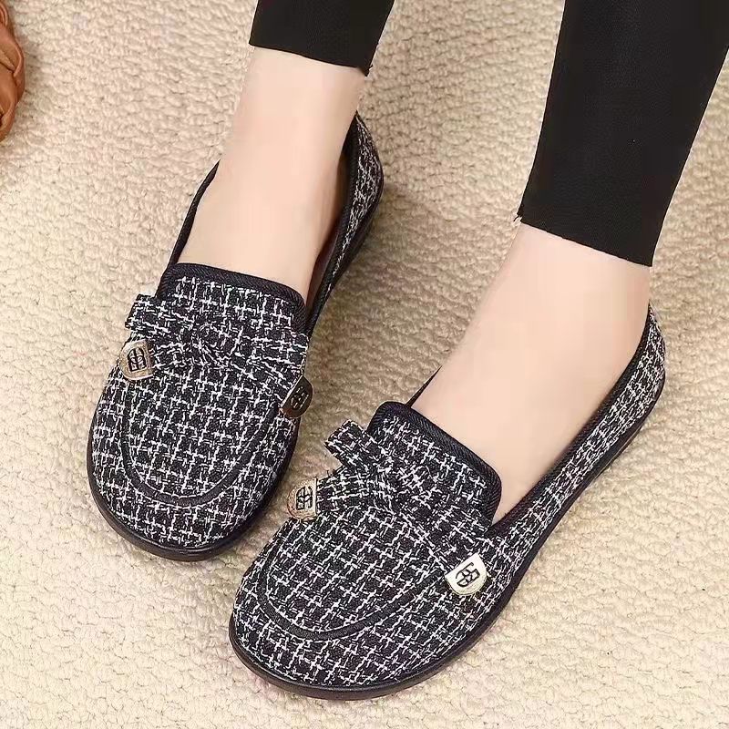 Women's Monogram Print Bow Loafers New Jacquard Fabric Low Heel Slip-On Dress Shoes for Female Office Daily