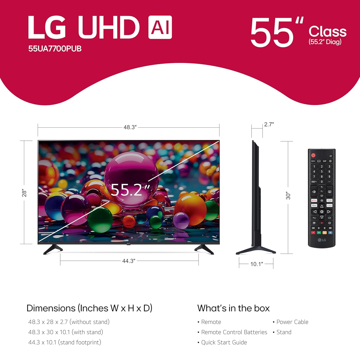 LG 55-Inch Class UHD AI 4K UA77 Series Smart TV w/AI Sound Pro, HDR10, 4K Super Upscaling, Filmmaker Mode, Wow Orchestra, Compatible with Alexa (55UA7