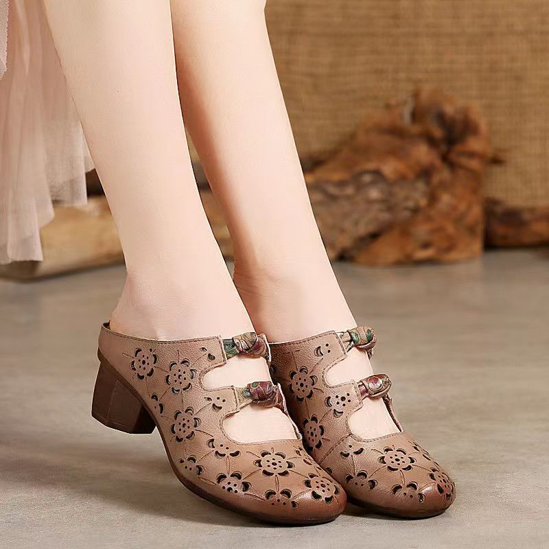 Thick Heeled Hollow Out Women's Slippers Summer Retro Open Toed Sandals, Breathable Ethnic Style