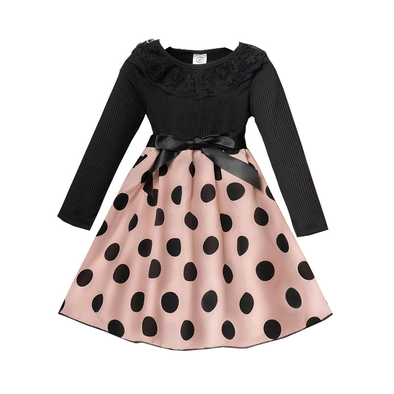 New Children'S Clothing Children'S Lace Lapel Splicing Polka Dot Long-Sleeved Princess Dress Autumn Girls' Dress