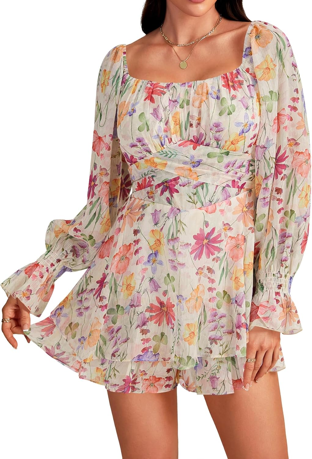 LYANER Women's Floral Print Off Shoulder Long Sleeve Ruffle Hem Romper Short Jumpsuit