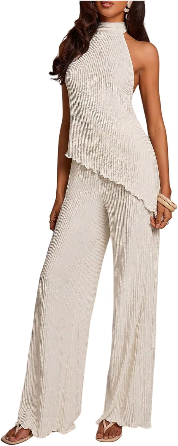 MakeMeChic Women's Summer 2 Piece Set Asymmetrical Backless Halter Tops Wide Leg Pants Sets Beach Vacation Outfits