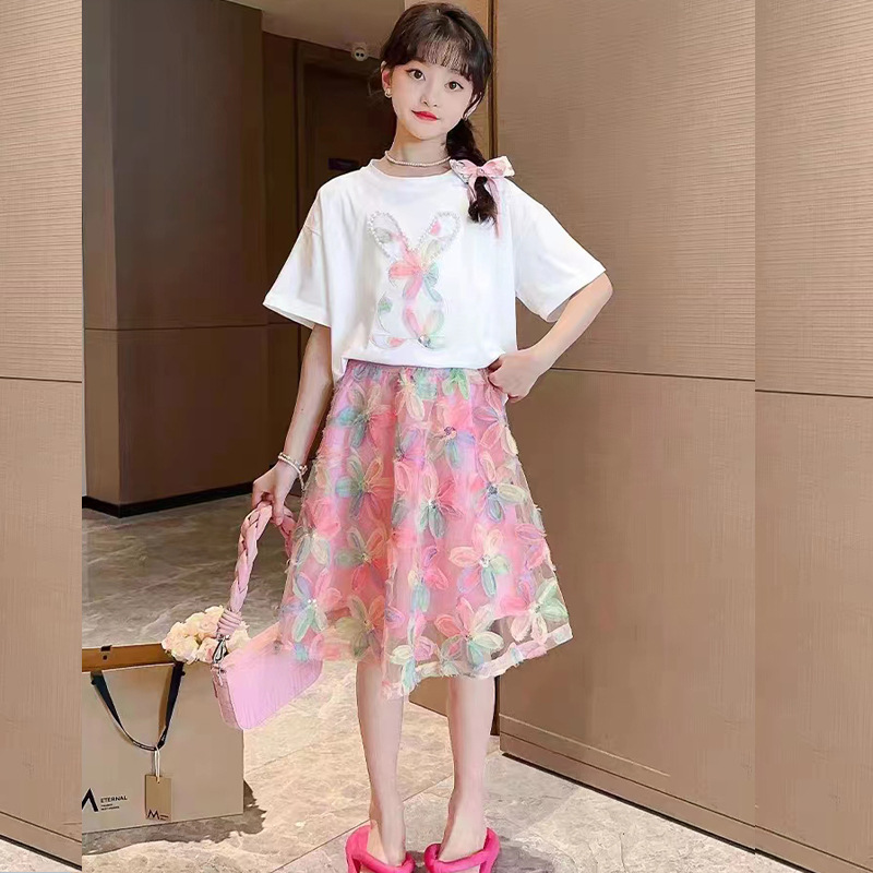 Girls' fashionable short sleeved fried street embroidered skirt set, summer girls' two-piece clothing set