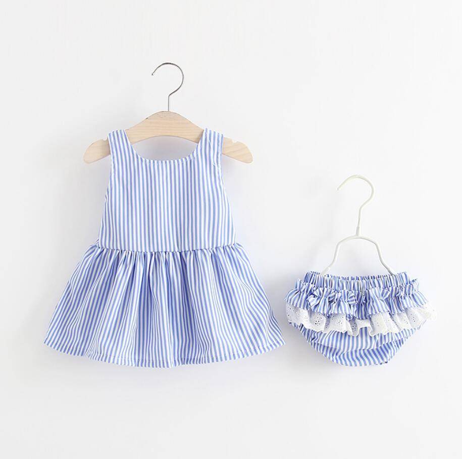 Baby Girls Newborn Dress Clothes New Cute Bowknot Striated Sleeveless Girl Dress + PP Pants infant 2pcs Clothing Sets Kids
