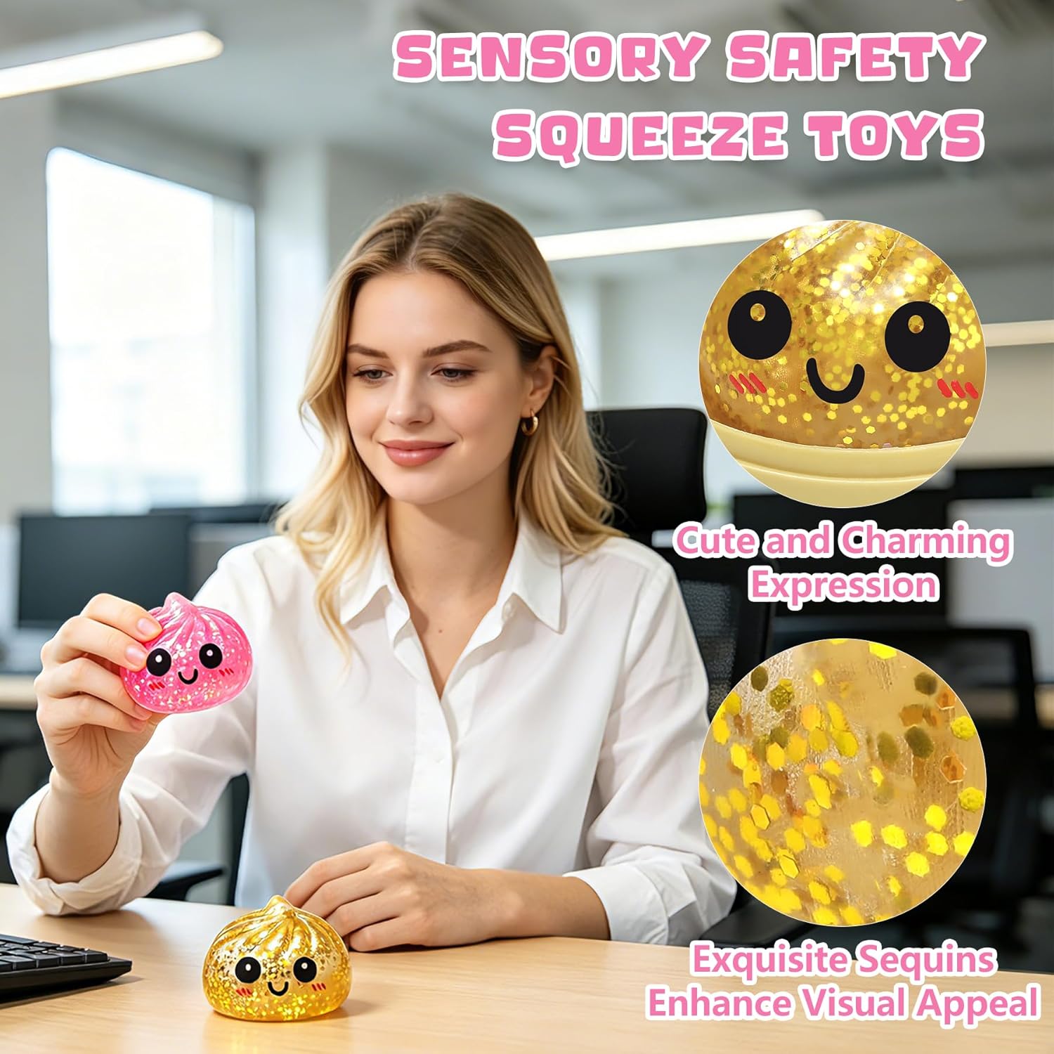 2 2.0" Sugar Mini Glitter Dumpling Squishy Surprise Box – Cute Bao Bun Squishy Set with Steamer, Glittery Slow Rise Stress Relief Toys, Mystery Sensor