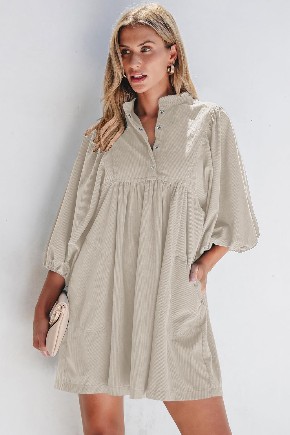 Opemiby Womens Casual Dresses Corduroy Button Up Empire Waist 3/4 Sleeve Fall Winter Mini Babydoll Dress