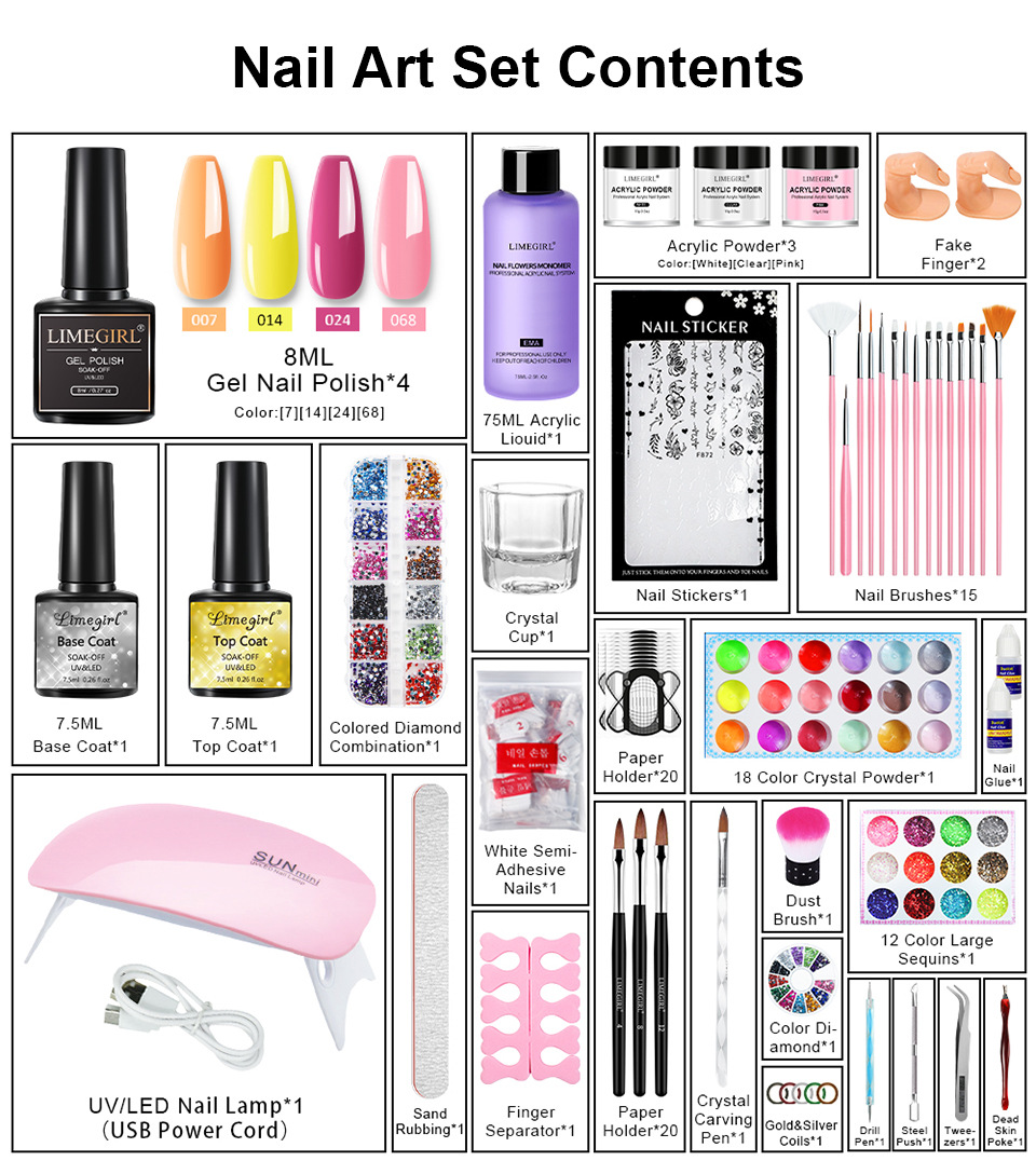 Acrylic Nail Art Professional Set Glitter Full Set Nail Art Nail Art Liquid Decoration Crystal Brush Beginner Tips Professional