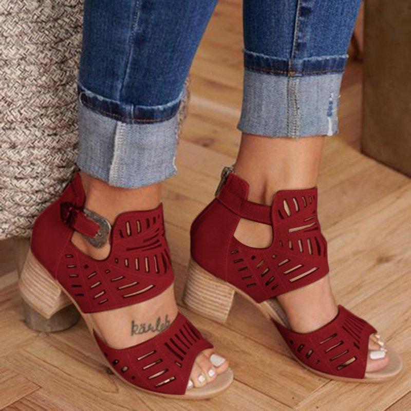 Women's open-toe thick heeled sandals with hollow ankle buckle high heels