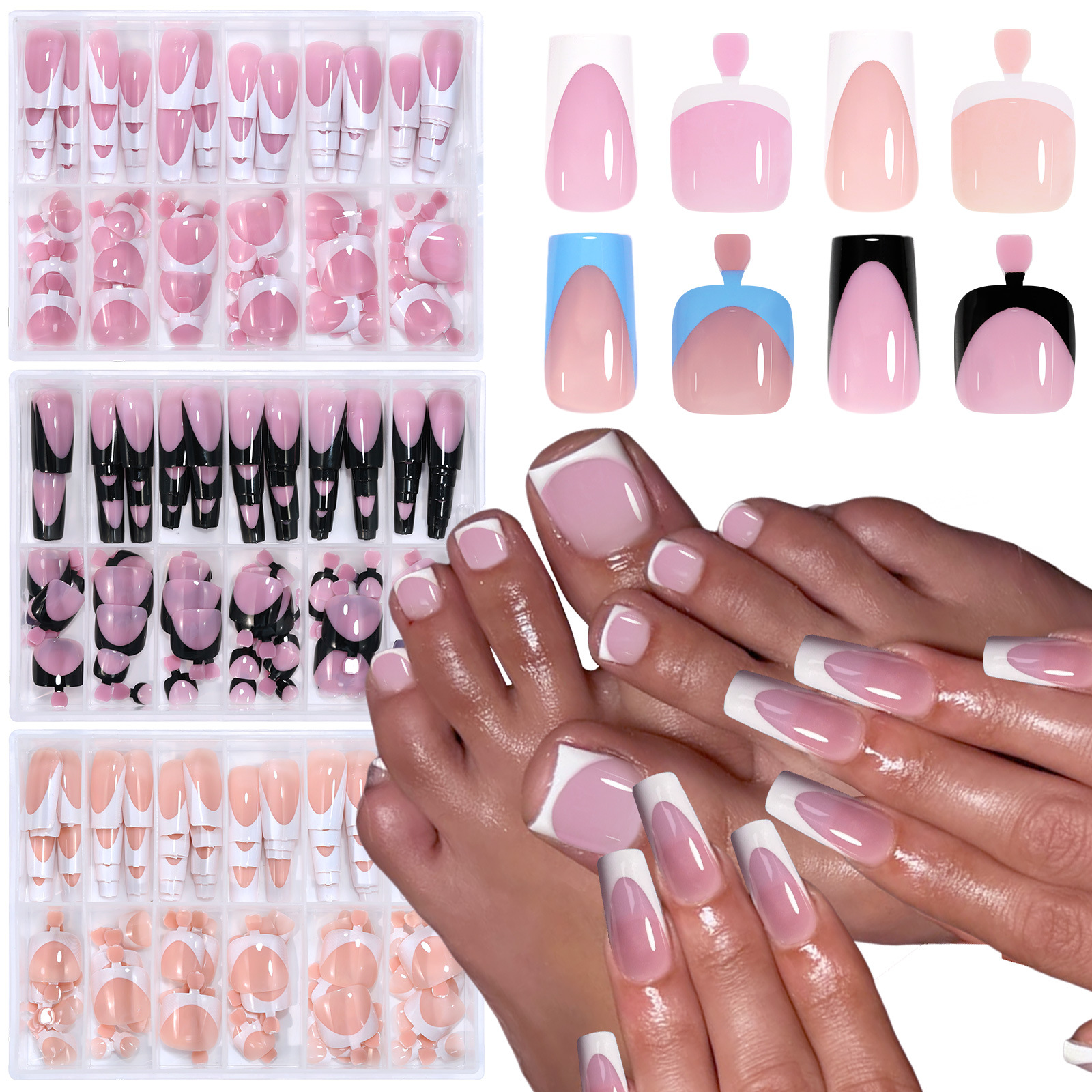 144pcs French hand and foot wear nail set summer short square shiny false toenail acrylic full coverage suitable for nail salo