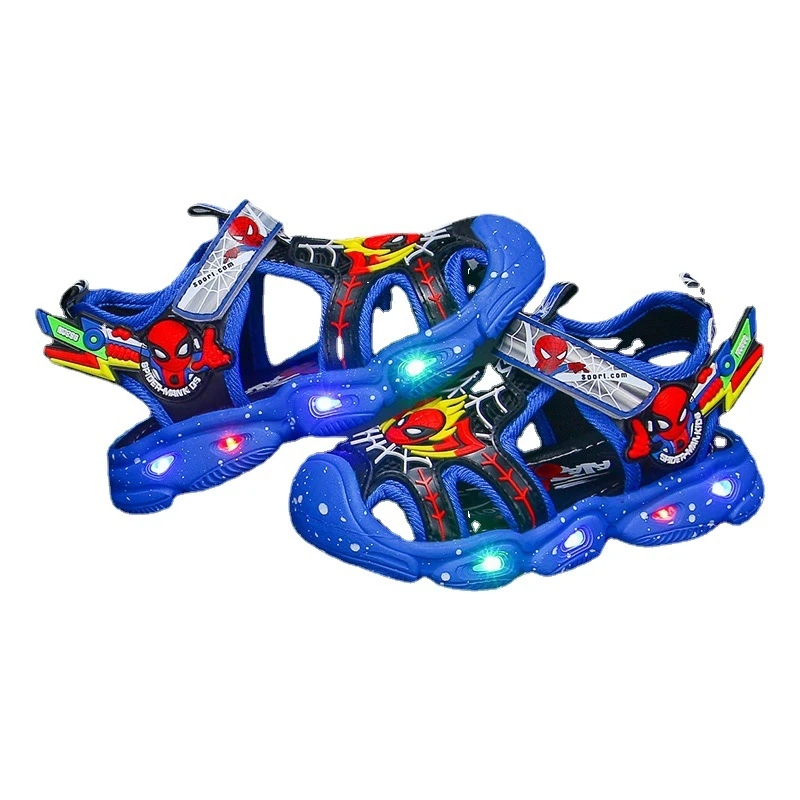 Disney Superhero LED Sepatu Lampu Bercahaya Kartun Anak-anak Bayi Anak-anak Sandal Datar Musim Panas Anak Laki-laki Perempuan Se
