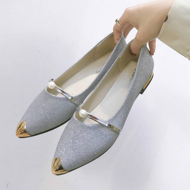 Buy 1 Get 1 Flats Gold Pointed Toe Mary Janes Shoes Woman Slip on Flat Shoes Bead Ladies Shoes Comfortable Loafers