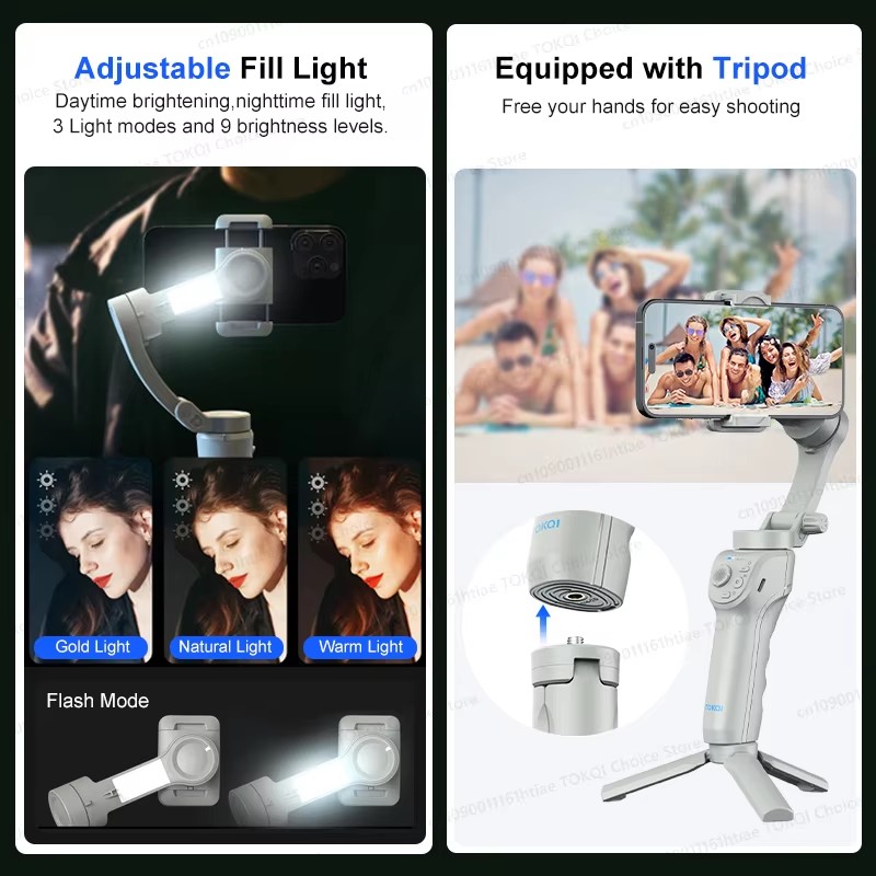 Handheld Gimbal Phone Stabilizer with Fill Light for Smartphone 3-Axis Anti Shake Foldable Holder Selfie Tripod for iPhone
