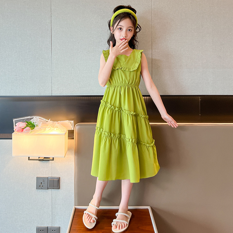 Children's and Girls' Summer Dress New Korean Version Fashionable Skirt: Big Children's Summer Over Knee Long Dress