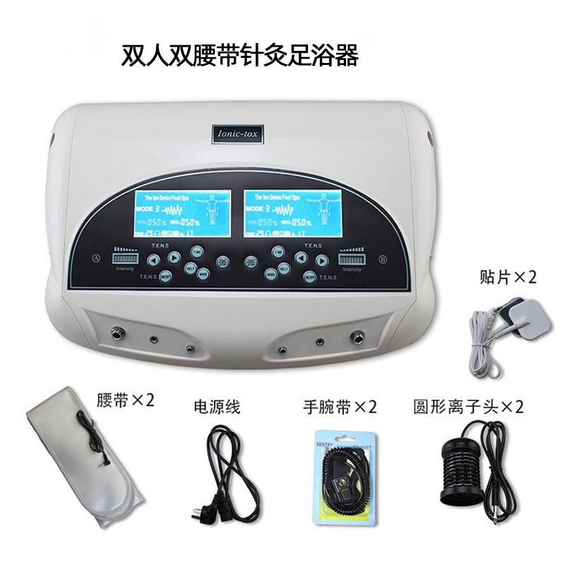 New Detox Foot Spa Machine Dual Ion Cleansing Device 2 LCD Screen User With Massager Acupuncture Pads Wrist Belt Free Ship