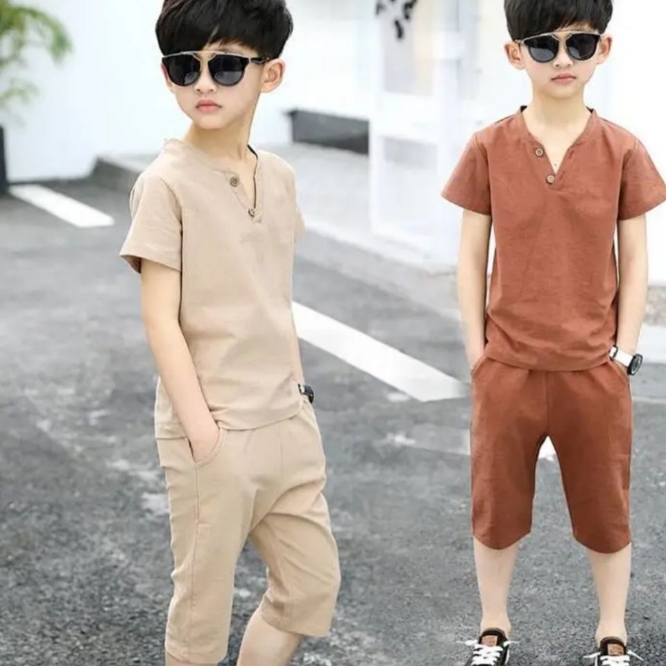 Children's clothing boy summer cotton and linen short-sleeved suit children's summer big boy boy two-piece suit Korean version