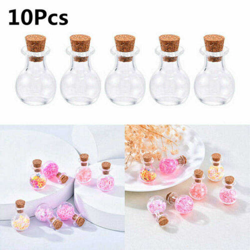 10pc MINI SMALL GLASS BOTTLES CORK STOPPER CLEAR EMPTY JARS VIALS PENDANTS DIY