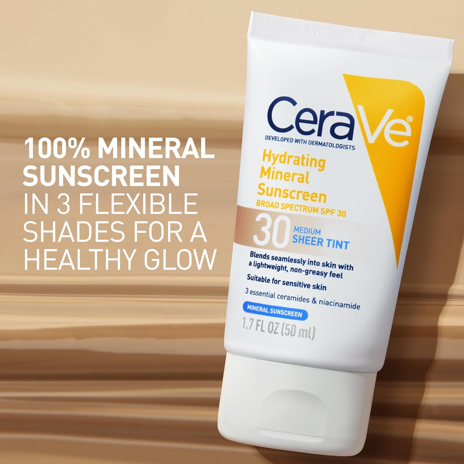 CeraVe Hydrating Mineral Sunscreen SPF 30 with Sheer Tint, Tinted Mineral Sunscreen with Zinc Oxide & Titanium Dioxide, Blends Seamlessly For Healthy