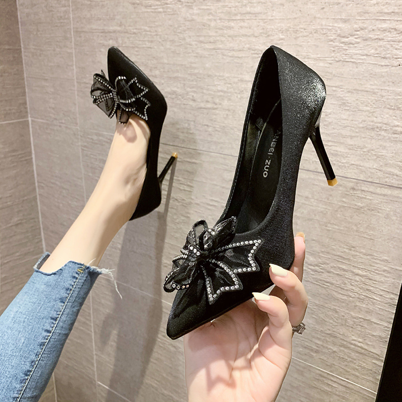 High heeled women's shoes, thin heeled temperament, bow knot, rhinestone pointed single shoe