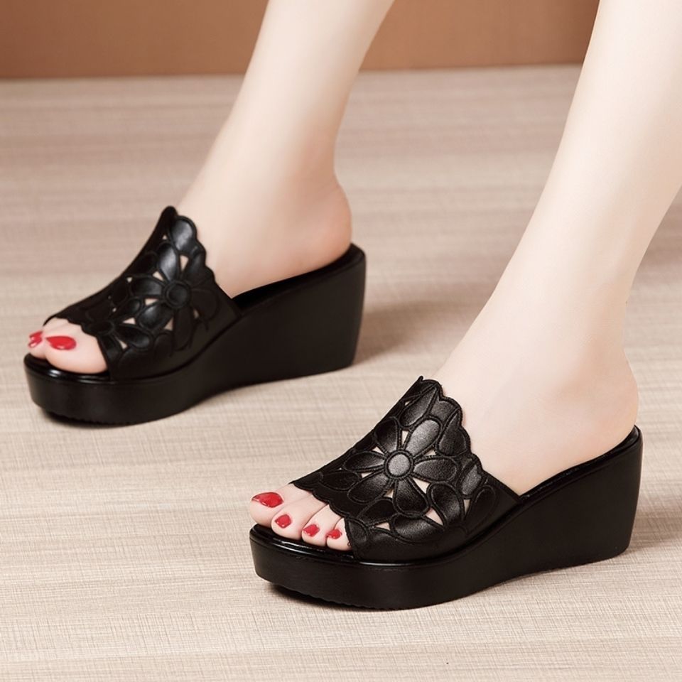 Soft leather Slope Heel Sandals Women's Summer Wear New Muffin Thick Bottom Fish Mouth Waterproof Platform Soft Bottom Shoes