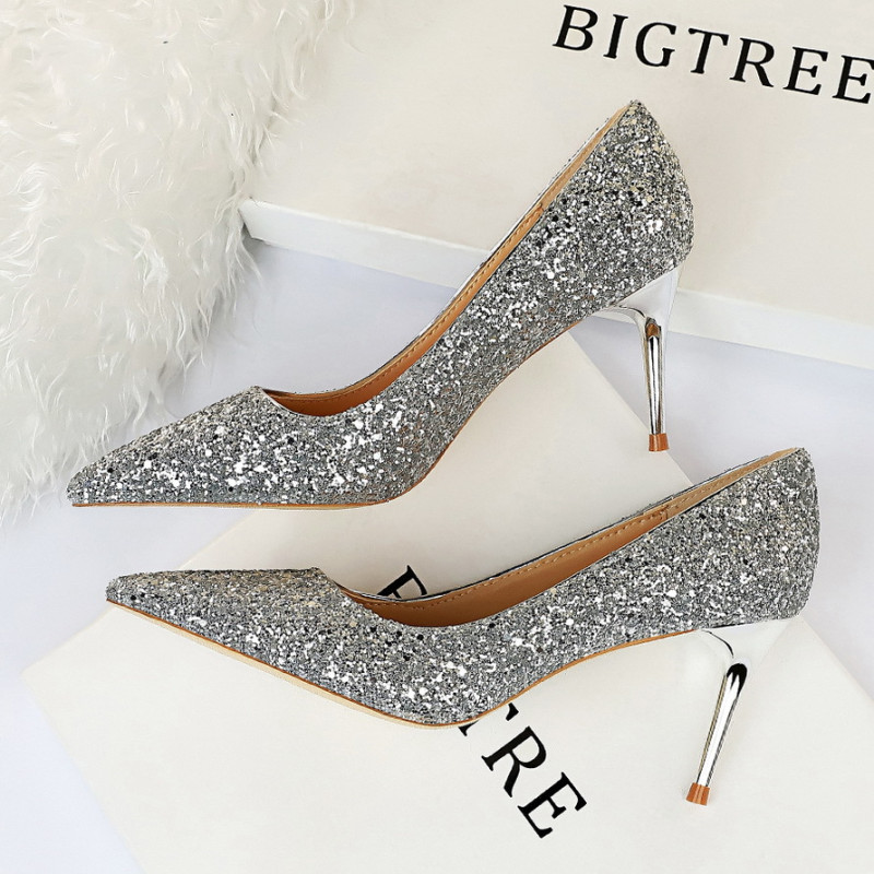 9219-A1 European and American Style Sexy Nightclub Slim High Heels Women's Shoes Thin Heels High Heels Fashion Shining Sequin Si