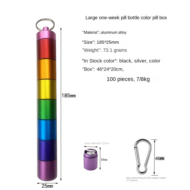 25*185mm portable rainbow aluminum alloy metal storage bottle water proof keychain 7-days pill case box sealed for accessories