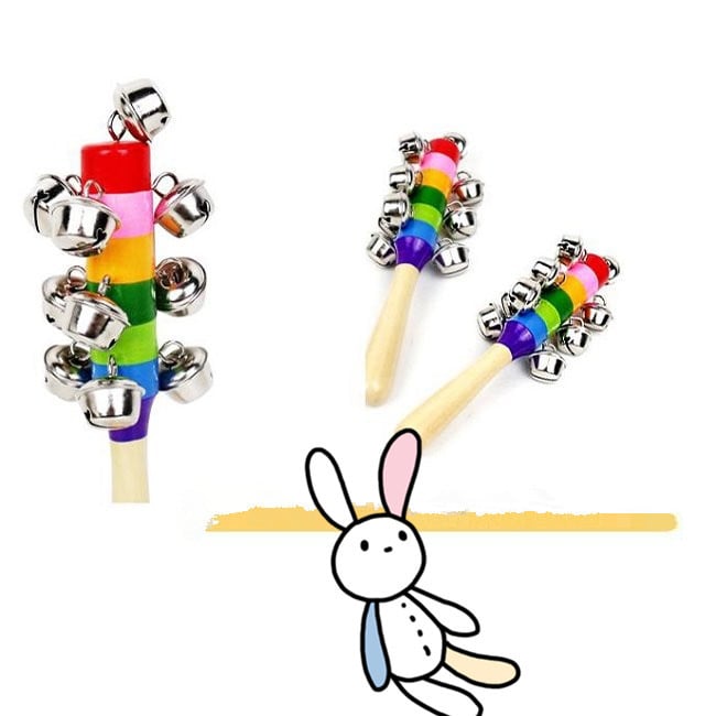 1 pc Wooden Stick 10 Jingle Bells Rainbow Hand Shake Bell Rattles Baby Kids Children Educational Toy