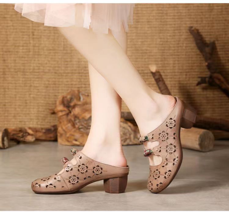 Thick Heeled Hollow Out Women's Slippers Summer Retro Open Toed Sandals, Breathable Ethnic Style
