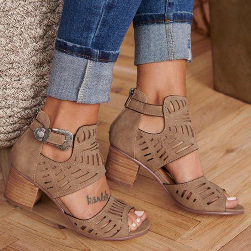 Women's open-toe thick heeled sandals with hollow ankle buckle high heels