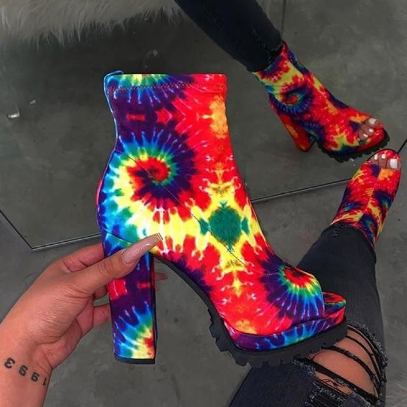 Totem printing ladies casual boots large size ladies ankle boots new fashion zipper mouth boots with square heel